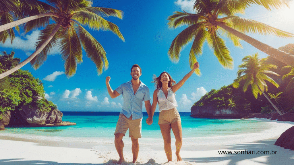 um casal numa praia em viagem